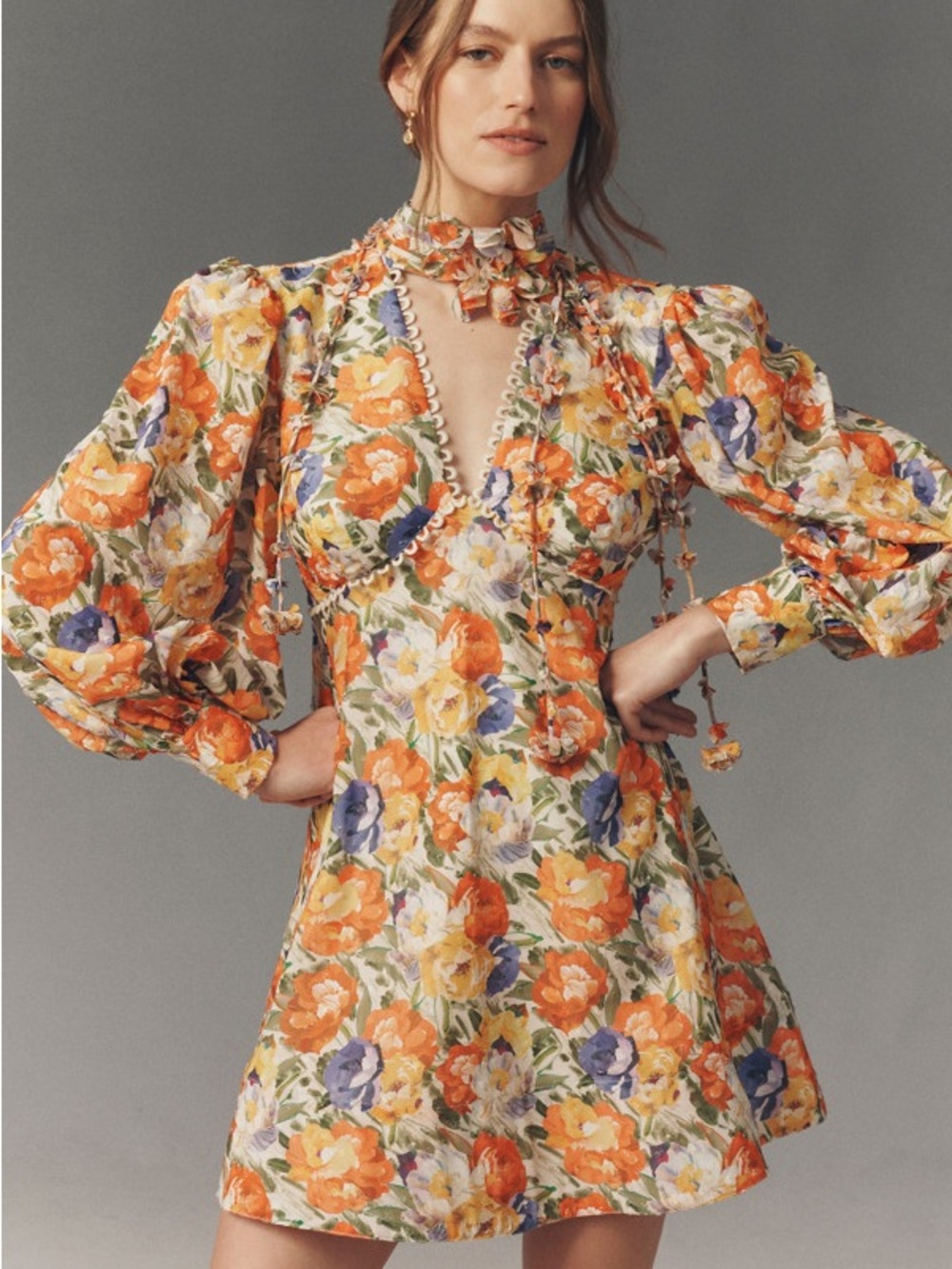 BHLDN Floral Puff-Sleeve Mini Dress in Orange, Yellow & Blue